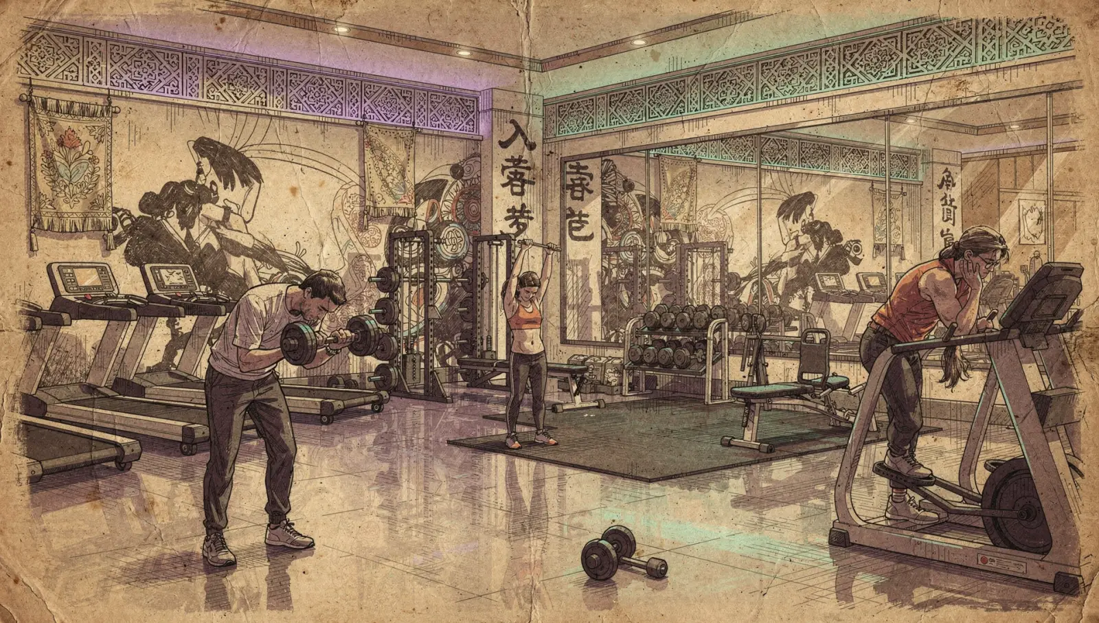 Modern gym interior with vibrant purple and teal lighting