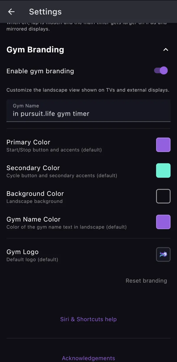 phone screenshot of gym branding settings screen