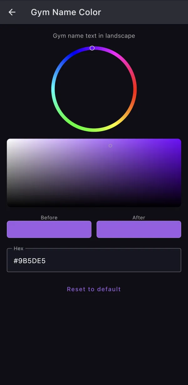 phone screenshot of gym name color picker screen