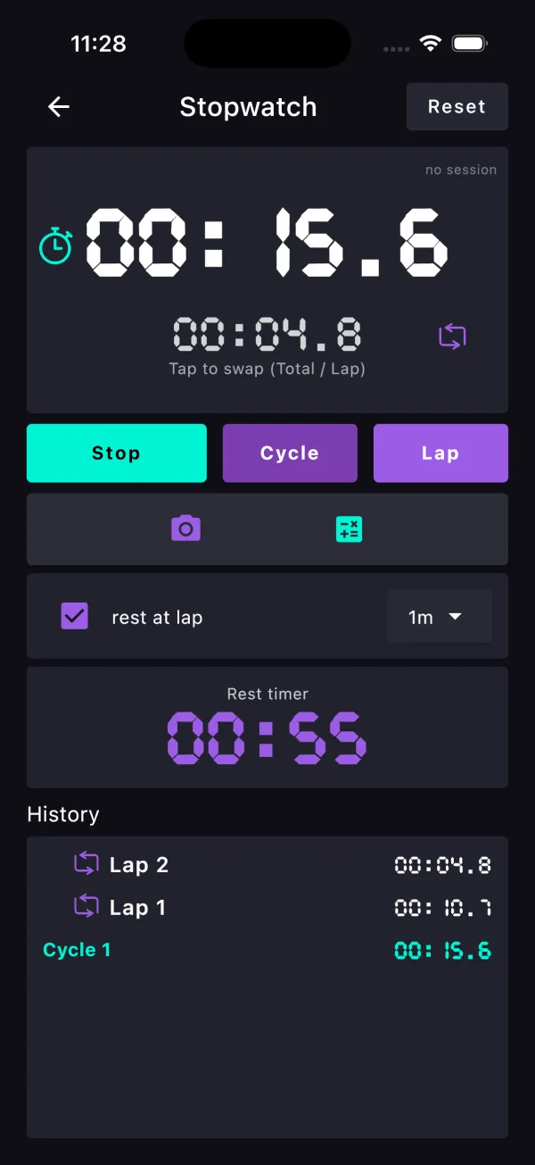 In Pursuit Gym Timer app screen showing the rest countdown and saved session history