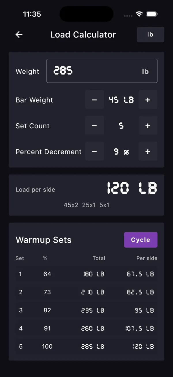 In Pursuit Gym Timer app screen for entering pyramid load calculator settings