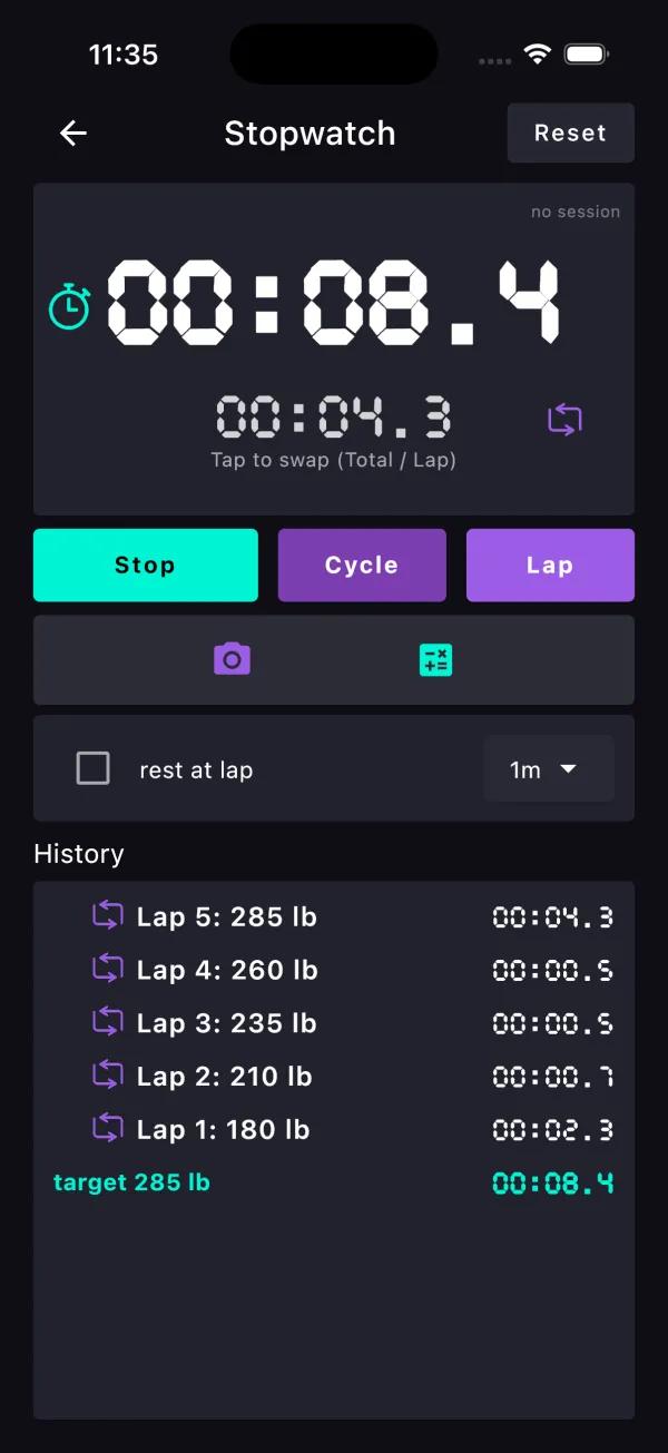 In Pursuit Gym Timer app screen showing calculated warmup sets labeled by lap