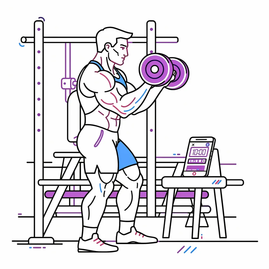 Bodybuilder training with a phone timer in the gym
